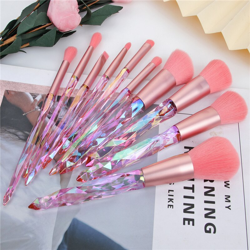 Ronshadow 10Pcs Diamond Crystal Makeup Brushes Set Powder Foundation Eyeshadow Eyebrow Blush Cosmetic Make Up Brush Tool: 10pcs Pink