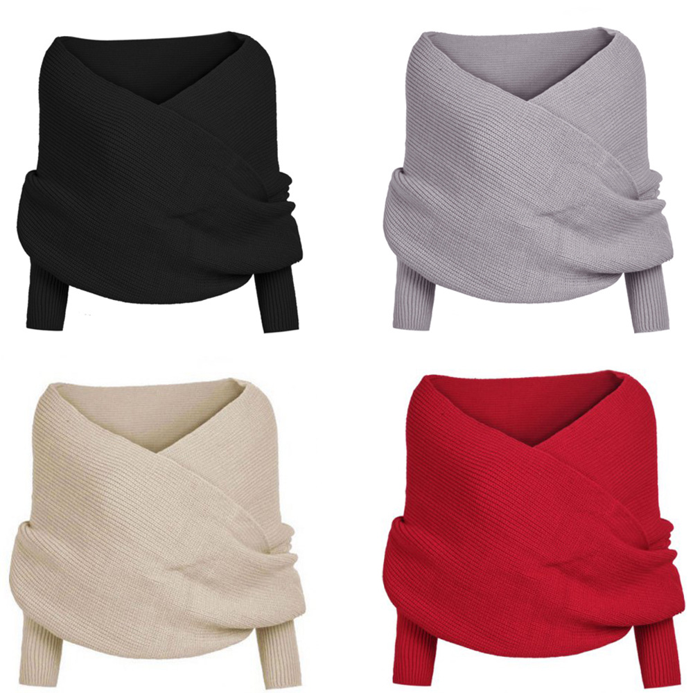 Antumn v-hals kvinders strikket sweater wrap strikvarer top scarfpullover jumper pull