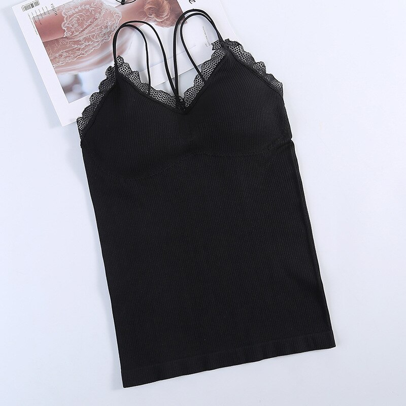 Kant Tops Vrouwen Tank Top Naadloze Tops Vrouwelijke Comfort Soft Ondergoed Top Dikke Herfst En Winter Verwijderbare Pad Hemdje: Black