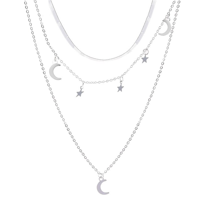 Goud Zilver Kleur Triple Gelaagde Keten Ketting Vrouwen Sieraden Star Moon Tassel Snake Chain Choker Ketting Maan Hanger Sieraden: silver