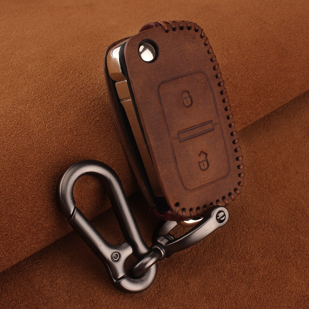 KEYYOU Leather Car Key Case Remote Key Cover For VW Volkswagen Amarok Polo Golf MK4 Bora Jetta Altea Alhambra Fob Key: 2Button brown