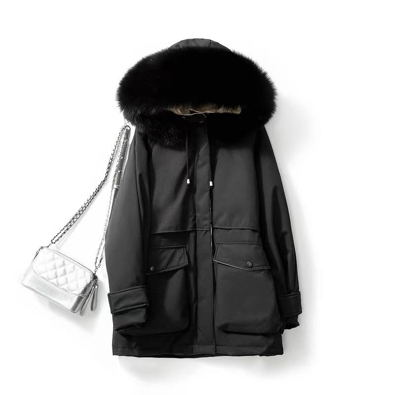 Lusumily Nieuwkomers Extra Grote Fur Hooded Winter Wit Donsjack Vrouwen-20 Graden Thicken Parka Warm Sash Tie up Sneeuw Jas: Black / XXL