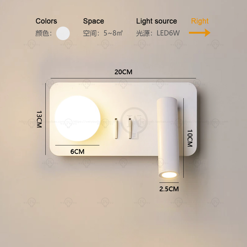 Hvit vegglampe bakgrunnsbelysning 350 gradere rotasjon justerbar vegglampe hotellsoverom nattbordsstudie lesebordslampe med bryter: Varm hvit  (2700-3500k) / Rød