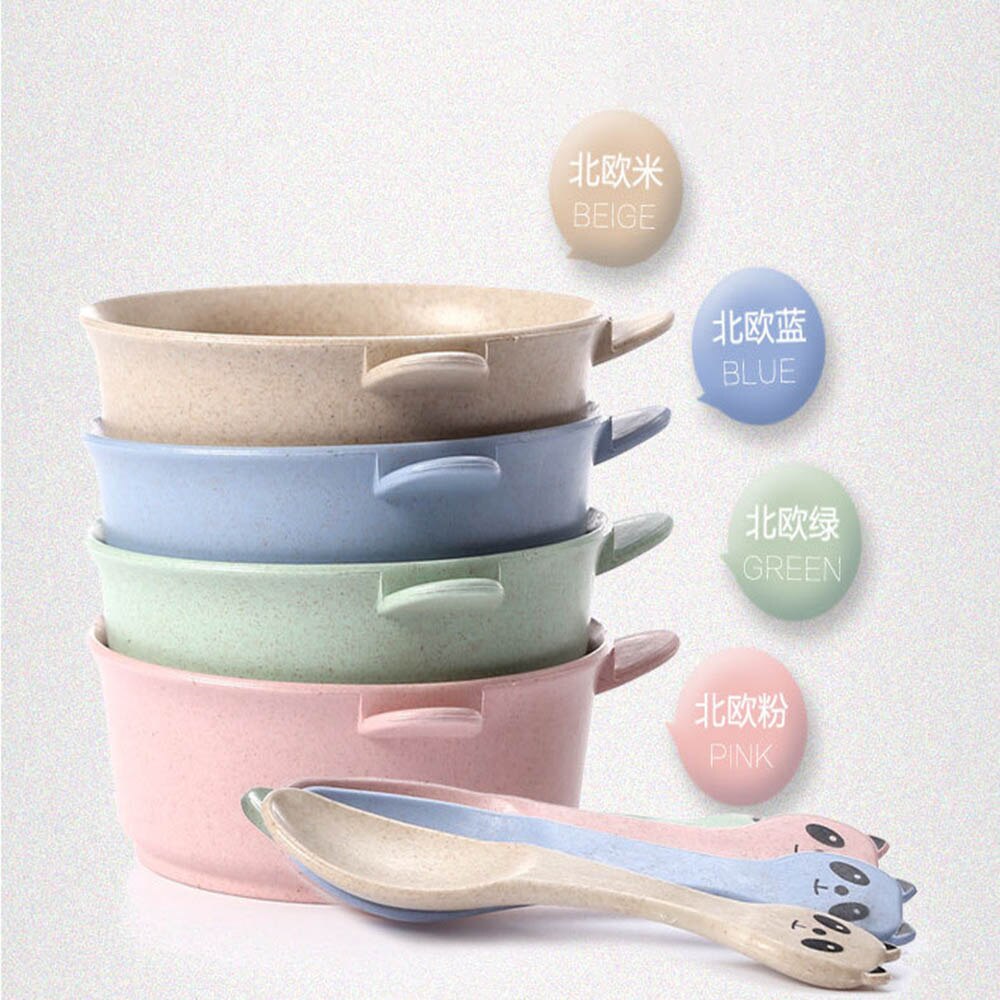 1pcs Baby Feeding Food Tableware Cartoon Panda Kids Dishes Baby Eating Dinnerware Set Wheat Stalk Anti Training Bowl Spoon