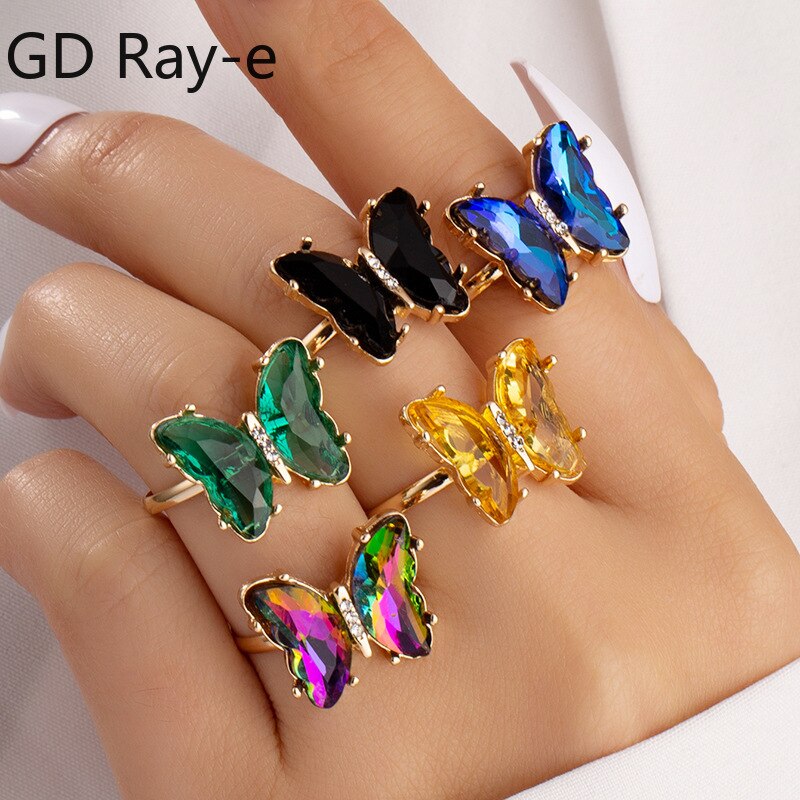 Vlinder Mood Ring Gradiënt Kleur Kristal Temperatuur Ring Sieraden Voor Vrouwen Kids Verjaardag Gouden Vlinder Ringen