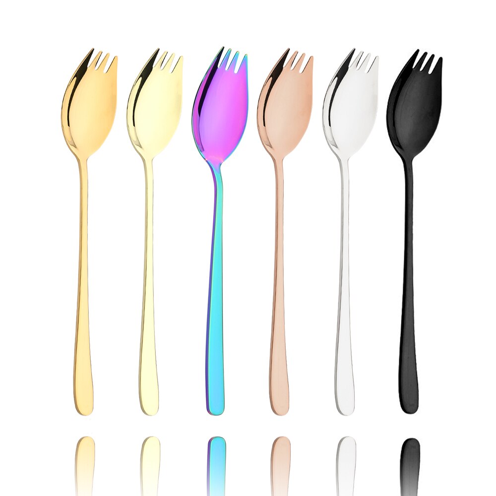 Ensemble de cuillères en acier inoxydable coloré, vaisselle, fourchette à double usage, pour Dessert, salade, accessoires de cuisine