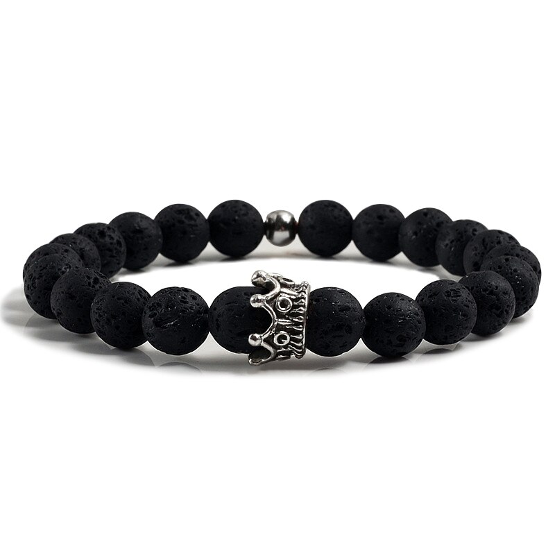 Heiße Neue Charme Krone Männer Armreifen Natürliche Stein Weiß Porzellan Perlen Armbänder Hand Zubehör Für Frauen Elastische Seil Hand Kette: vulkanisch Stein1