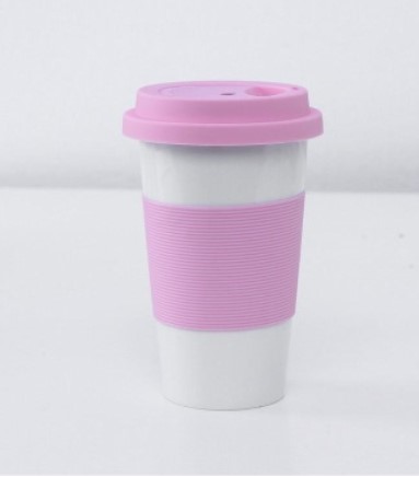 Taza de cerámica con aislamiento térmico, con tapa y funda de goma de silicona, porcelana de Taza de Viaje reutilizable, taza con impresión de logotipo: light pink