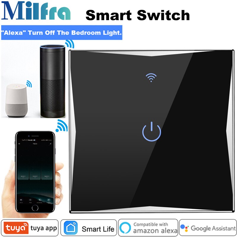 Milfra Wifi commutateur intelligent fil neutre requis verre tactile contrôle de téléphone vocal ue interrupteur mural pour Google Alexa Tuya vie intelligente