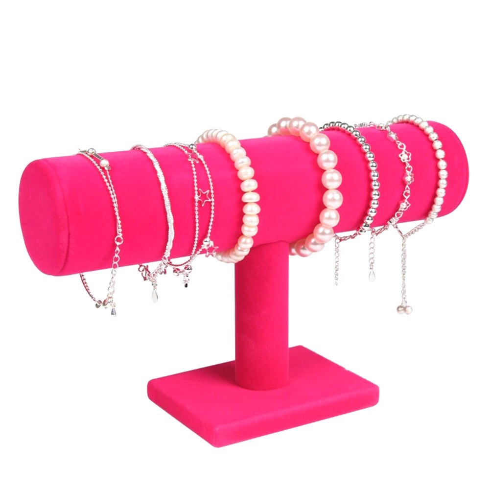 Portable Velvet/PU Leather Bracelet Bangle Necklace Display Stand Holder Watch Jewelry Organizer T-Bar Rack Health99: rose red velvet