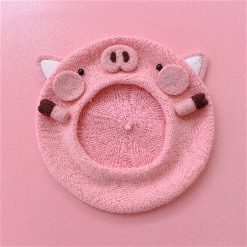 Pink piggy beret Hat girl winter Cute casual painter cap women wool warm hat