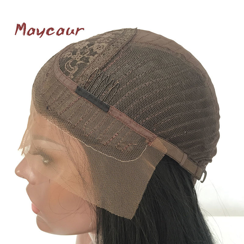 Maycaur-pelucas de cabello ondulado corto, cabello Natural, negro, sintético, con encaje frontal