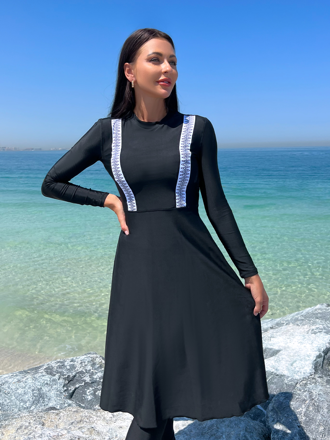 2pcs Muslim Burkini Modest swimsuit with Black Long Sleeved Dress All Covered Retro Women Swimwear Beach swimsuit SPF50+
