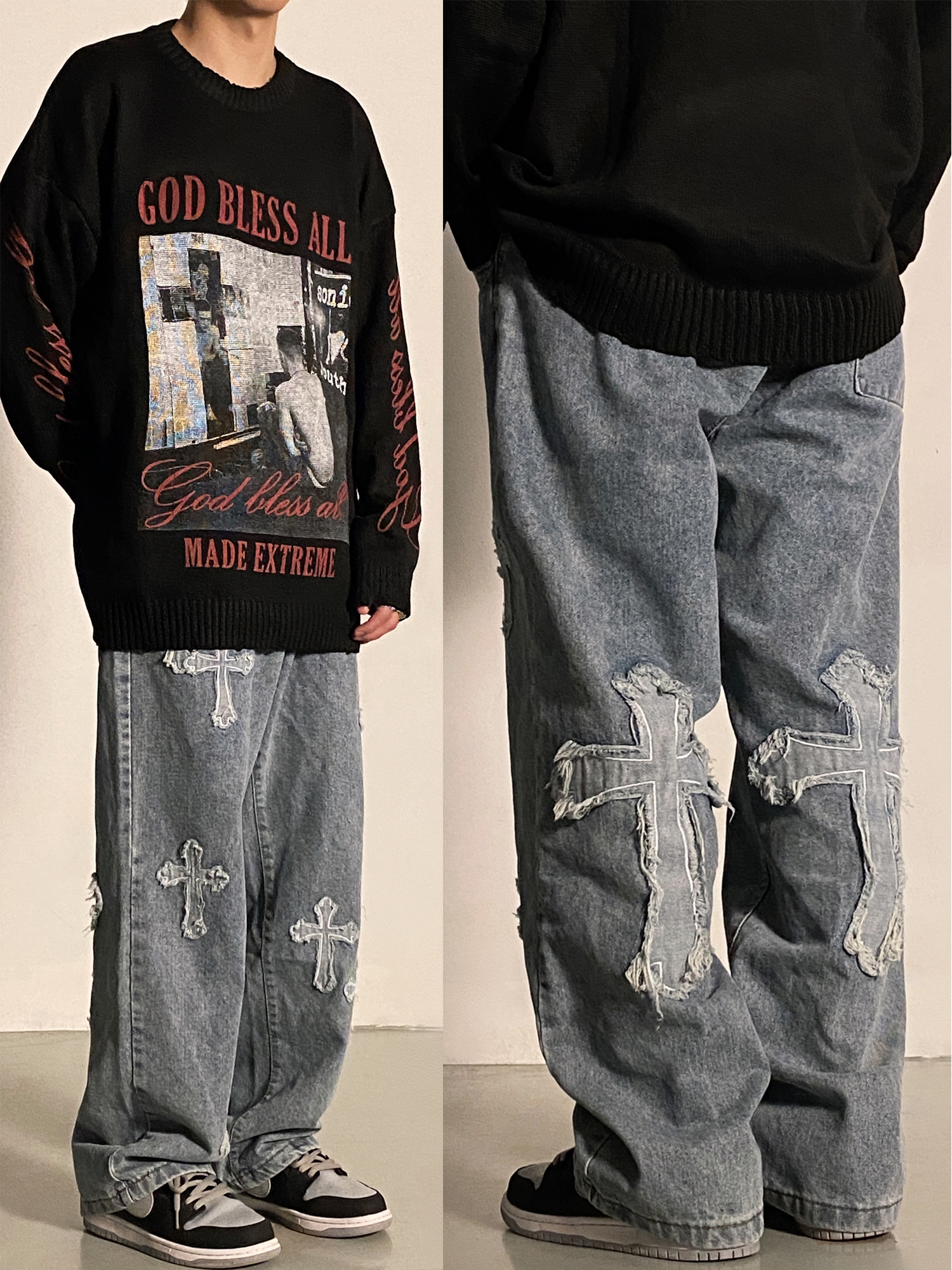 Men Wide-leg Pants Loose Lightning Print Tie Dye Denim Jeans Hip-hop Streetwear Rock Punk Casual Jeans Trousers