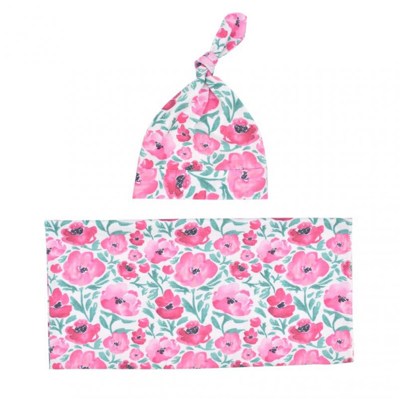 Baby Wraps Cotton Wraps Hat Set Cartoon Flower Printed Cotton Wraps Knotted Tire Cap Two-piece Set Receiving Blankets: 05
