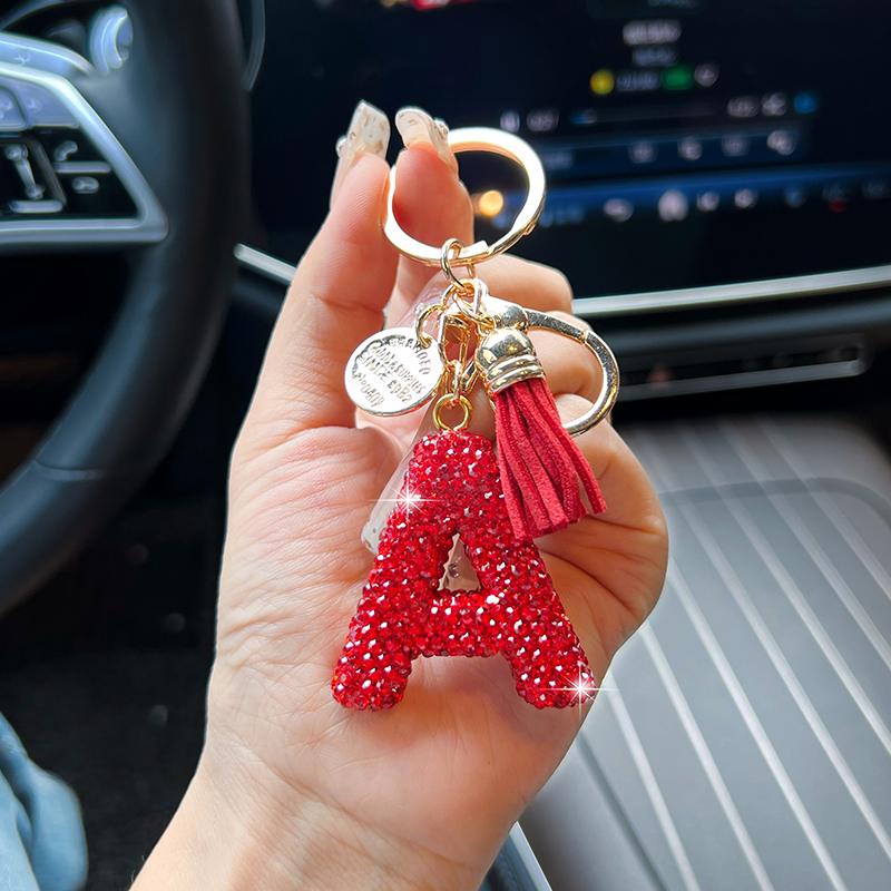 Rode sleutelhanger met engelse letters, elegant met diamanten tasje, hanger, modieuze sleutelhanger met kwastje.: Zwart