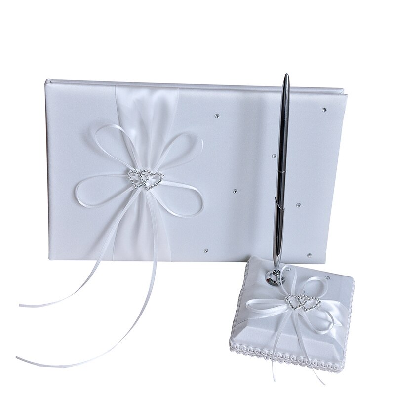 2 st/set bröllop satin signatur bok penna set strass pilbåge pärla dekor bröllopsfest produkter leverans: Vit
