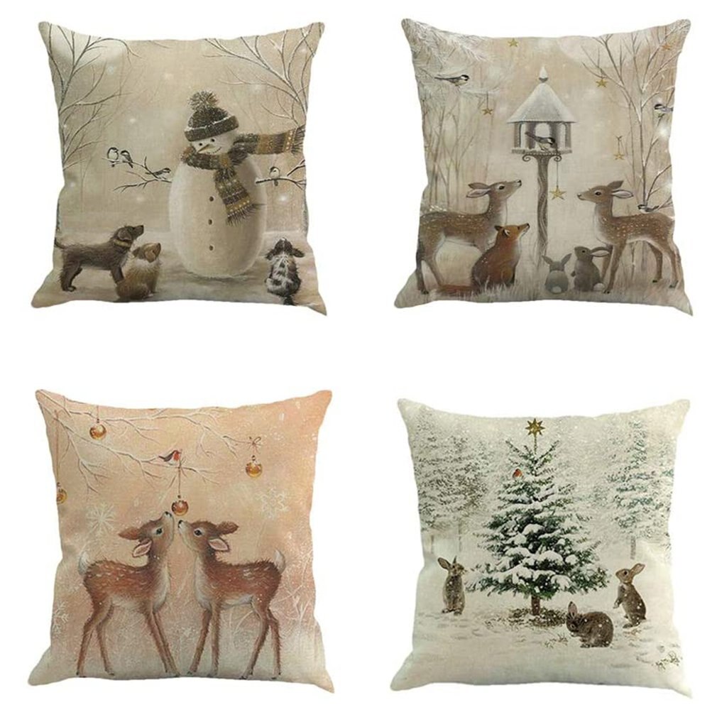 Kerst Kussenhoezen Set Van 4 Katoen Linnen Afdrukken Kussenhoezen Decoratieve Kussenhoes Voor Sofa Kantoor 45X45 cm: Default Title