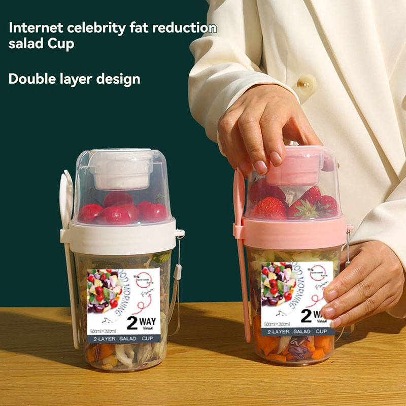 Portable Salad Cup Double Oatmeal Cup Yogurt Nut Fat-Reduced Vegetable Fruit Box Cup with Lid Spoon Breakfast Cup Lunch Box
