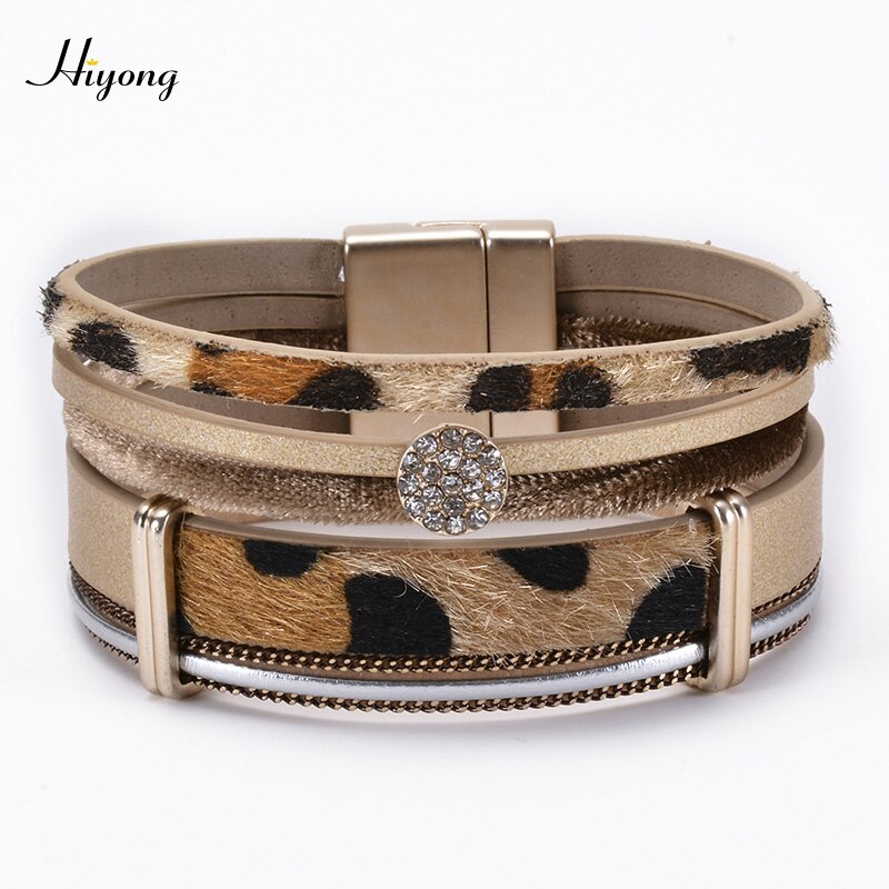 Hiyong Pu Lederen Armband Multilayer Crystal Magneet Gesp Armband Dames Leopard Wrap Armbanden Bohemian Stijl Sieraden: 1