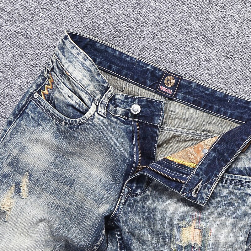 Pantalones vaqueros rasgados a la para hombre, pantalones cortos de tela vaquera Vintage Retro rota, ropa informal con de varias telas, pantalones cortos de estilo Hip Hop para hombre