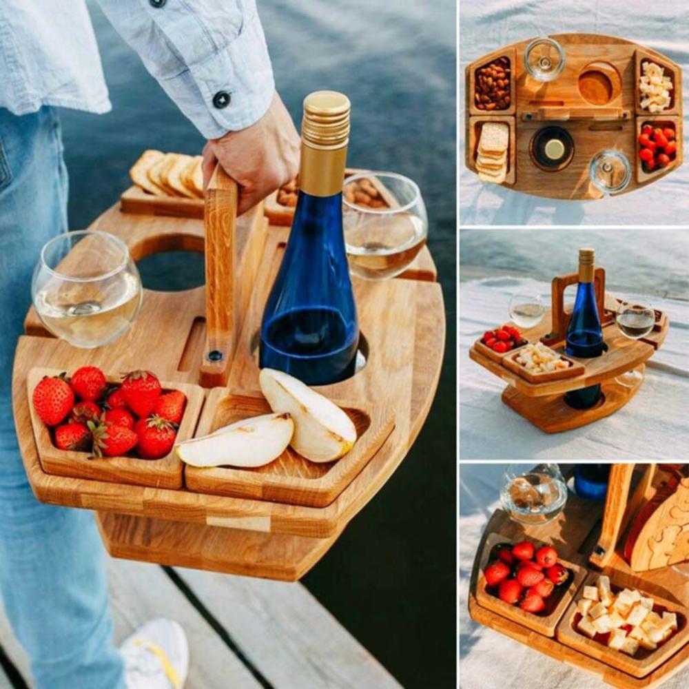 Detachable &amp; Portable Picnic Table Wooden Integrated Wine Fruit Plate Outdoor Camping Accessories For Food Tableware 2022