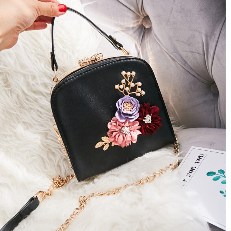 LYKANEFU Sacchetto Delle Donne con 3D Fiore Delle Donne Borse messaggero con Lunghi Casella catena di Metallo portafoto Borsa Catena Croce Corpo Della Borsa sacco a principale: nero