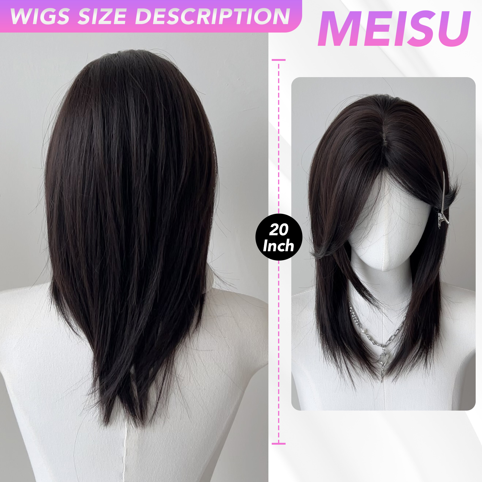 Meisu 20 tommers syntetisk sølv hvit pannelugg parykklengde rett unisex parykk fiber varmebestandig naturlig fest eller selfie
