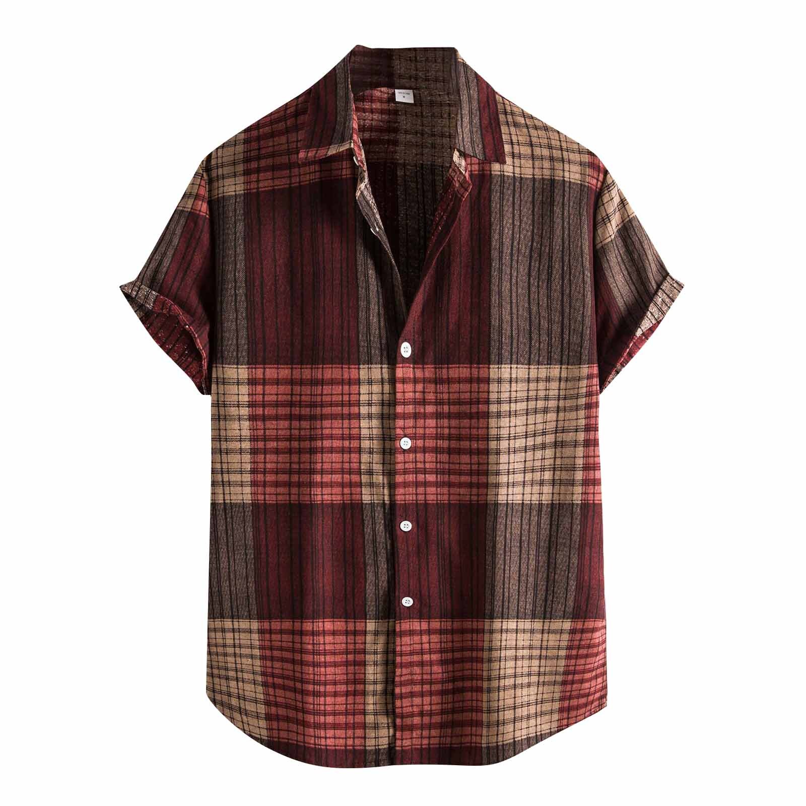 Plaid Printing Shirt Men Short Sleeve Casual Blouse Ethnic Hawaiian Blouse Button Turn Down Collar Masculina