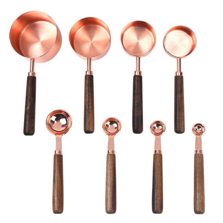 Rose Gold Stainless Steel Coffee Measuring Cup Measuring Spoon Set Utensils Scale Spoon Baking Wooden Handle Measuring Cup: Walnut  8pcs