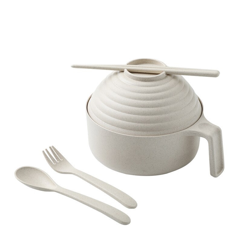 5Pcs Wheat Straw multifunctional with lid bowl spoon fork chopsticks Eating Dinnerware Set Anti bowl Microwavable Bowl