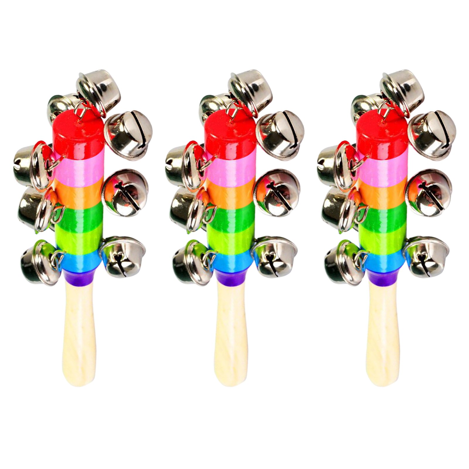 3Pcs Wooden Jingle Hand Bells, Rainbow Hand Held Bells Jingle Stick Shaker