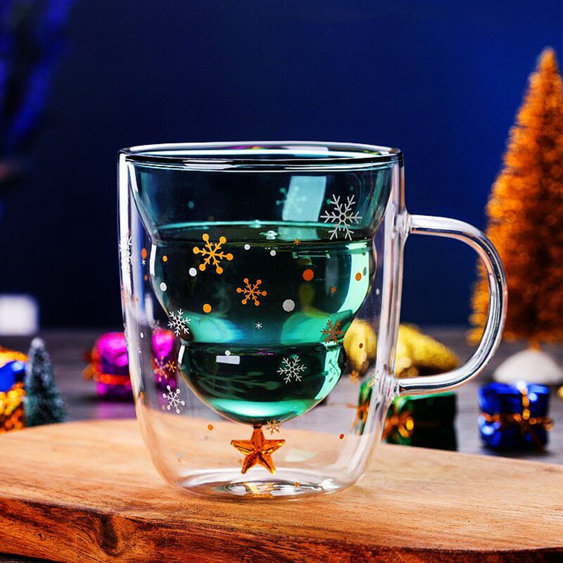 Julekrus glas juletræ glas stjerne kop høj temperatur dobbelt vand kop fest xmas rejse krus: Intet låg