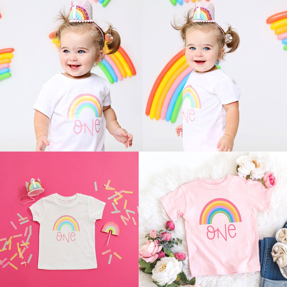 Arco-íris 1st aniversário meninas tshirt rainbow crown outfit verão manga curta camiseta meninas 1st aniversário festa roupas navio da gota