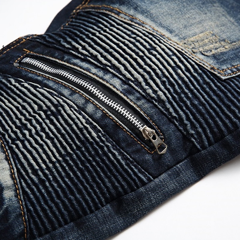 Sokotoo mannen donkerblauw ritsen geplooide biker jeans voor moto Slim fit straight denim broek