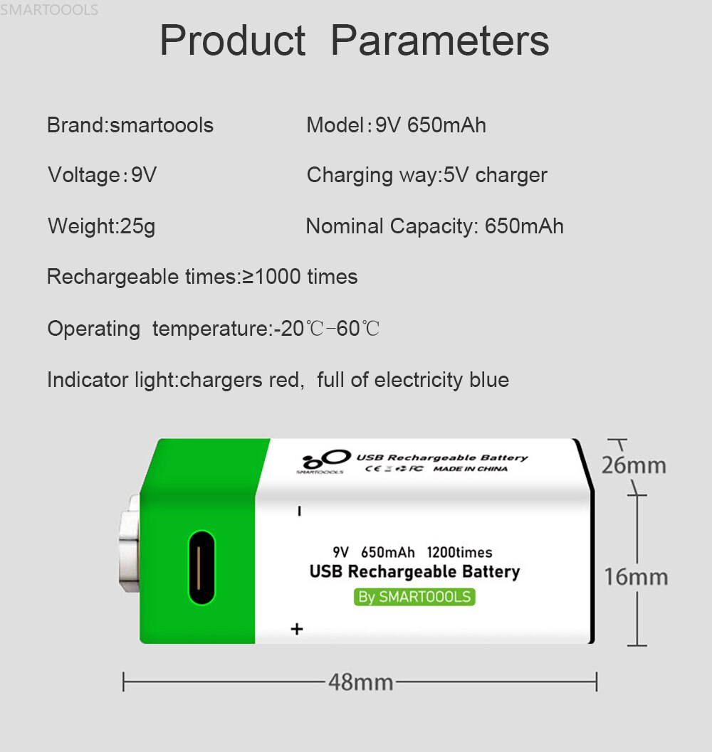 YouTu 9V USB Rechargeable Battery - Lithium-Ion, 650mAh, Eco Friendly, 1200 Uses, Type-C Charging, 1.5h Rapid Recharge, Li-Ion