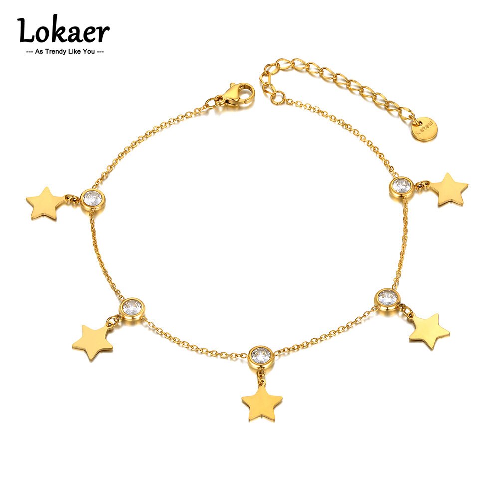 Lokaer Cz Crystal 5Pcs Star Charm Enkelband Foot Sieraden 18K Goud Rvs Bohemen Party Enkelbanden Voor Vrouwen meisjes A21034