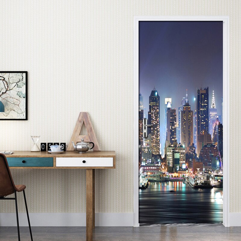 Modern City Night View 3D Wallpaper Door Sticker D... – Grandado