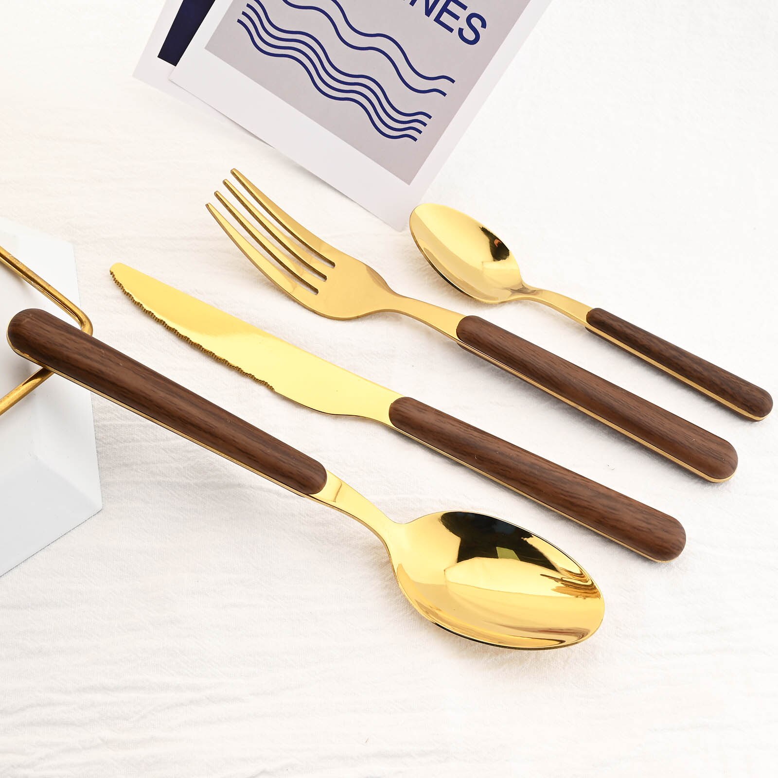 Drmfiy 16/24P Dinnerware Set Imitation Wooden Handle Cutlery Set Western Silverware Knife Fork Spoon Storage Rack Tableware Set