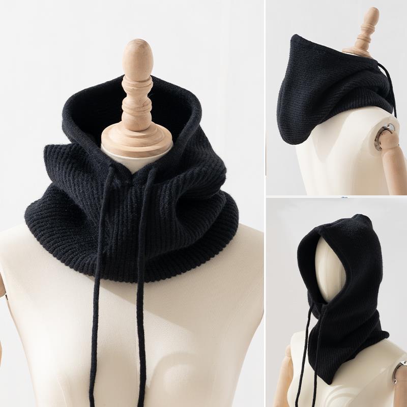 Gorro con capucha para mujer y niña, bufanda de doble uso, de punto grueso y cálido, novedad, Invierno: Negro