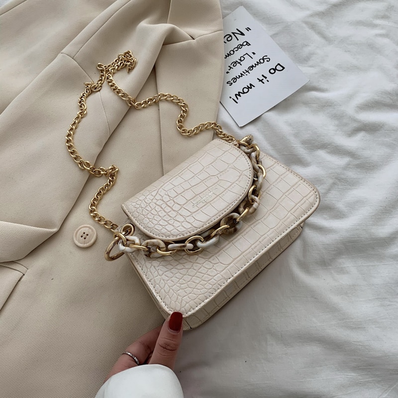 Stone pattern Mini Tote bag Summer PU Leather Women's Handbag Chain Shoulder Messenger Bag: 19 CM Beige