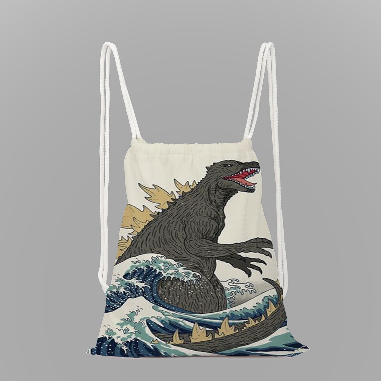 Kanagawa surf print school backpack girls drawstring bag rope bag ladies travel backpack: 3