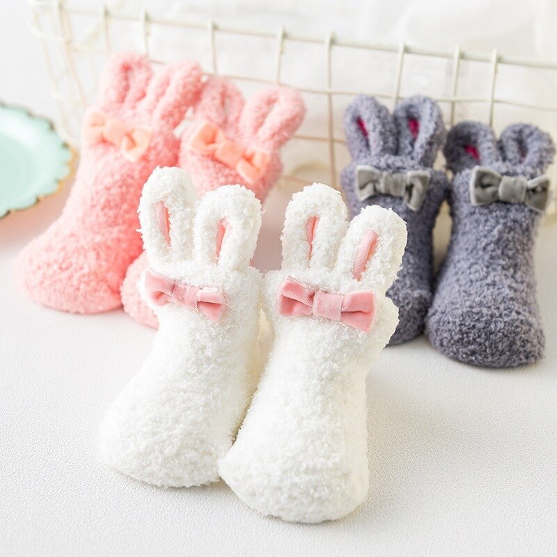 Coral Fleece Baby Meisje Sokken Leuke Konijn Kinderen Sokken Met Bogen Winter Anti-Slip Infant Toddler Kids Indoor Vloer sokken 1-3Y