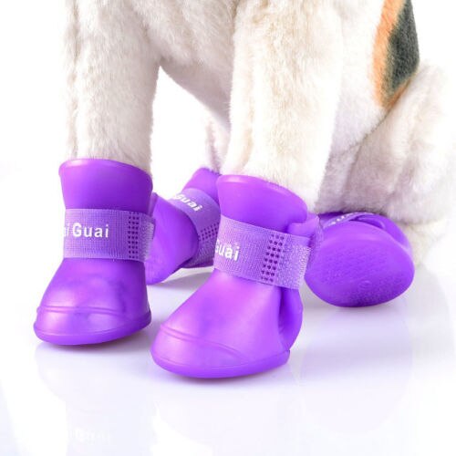 US 4pcs Pet Dog Rubber Rain Boots Anti-slip Waterproof Snow Shoes Paw Protector: Purple  / M