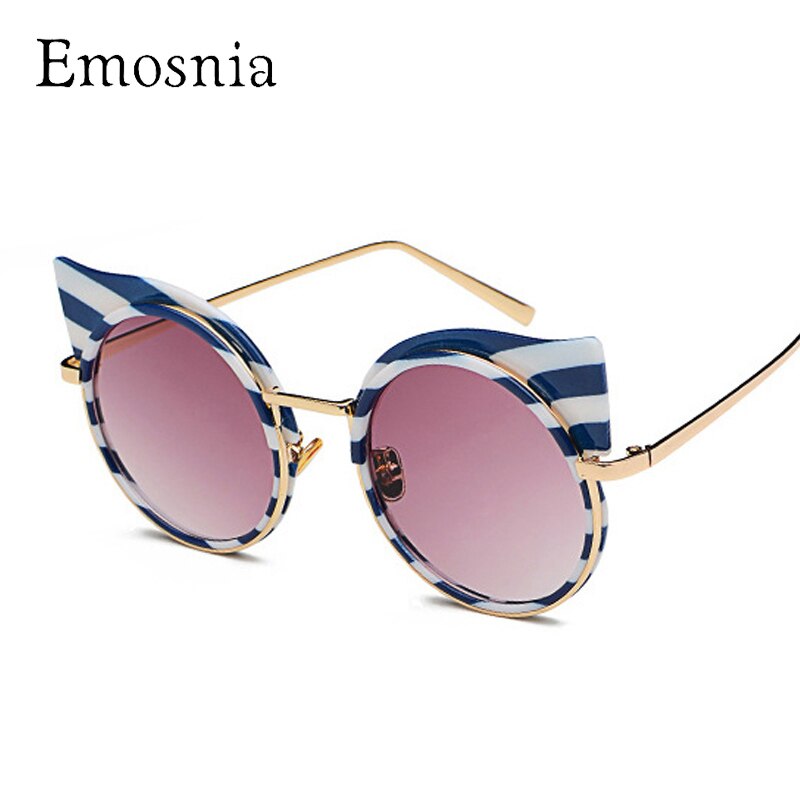 Emosnia Stripe Cat eye Sunglass Round Brands Sunglasses Women Zebra Metal Frame Vintage Oculos De Sol
