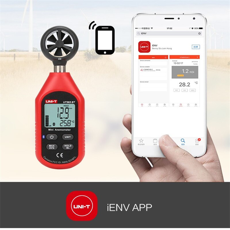 UNI-T UT363BT Mini Digital bluetooth Anemometer Pocket size Digital wind speed tester and Thermometer Upgraded from UT363