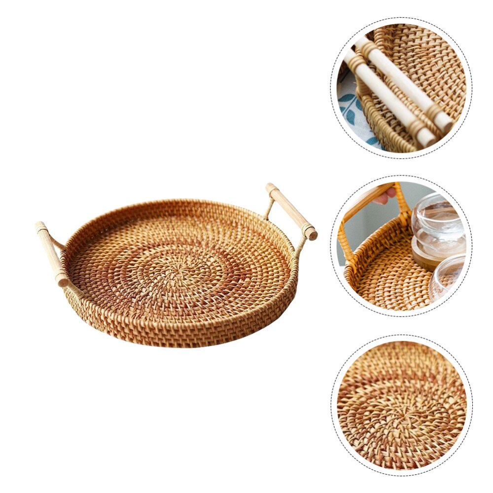 1PC Rattan Woven Basket Practical Picnic Ratten Tray Outdoor Storage Basket Portable Picnic Basket (Medium, Diameter 28x3.5cm)