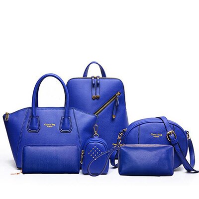 6 sæt læderhåndtasker kvinder kontortaske sammensat taske kvinder skuldertaske håndtaske + dagskoblinger + tegnebog: Blå