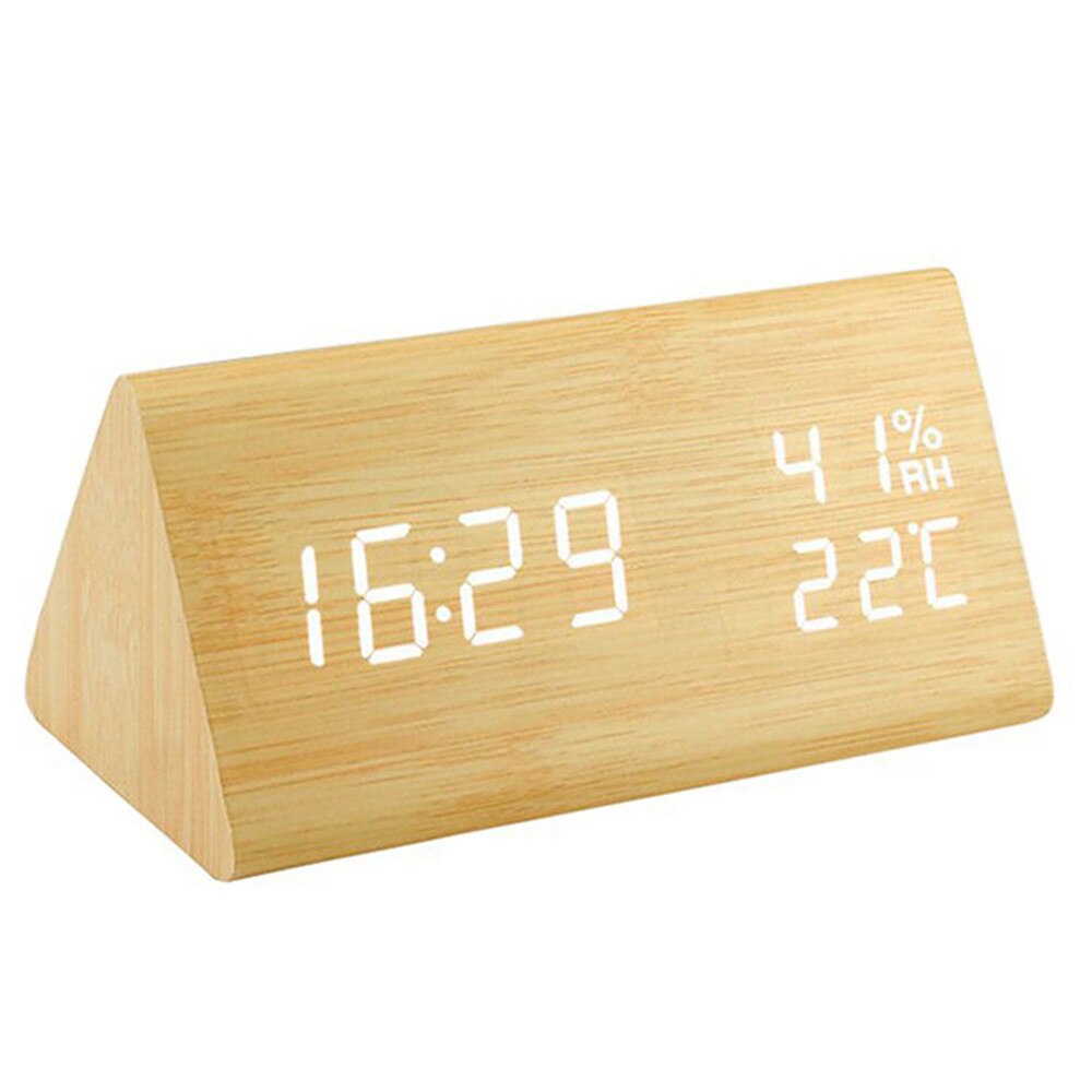 Digital Clock Wood Alarm Clock LED Electronic Display Temperature Humidity Sensing Clocks Bedroom Mirror Time Clock: 1