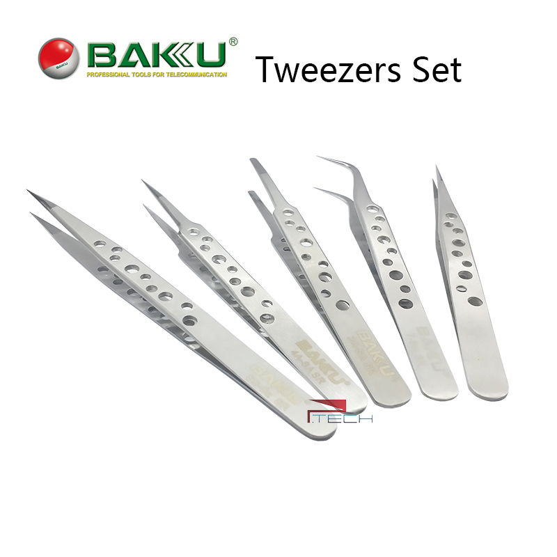 5pcs Tweezers of BAKU Hollow-Out , Ultra Rigidity Fine Point Anti-Static Stainless Steel Tweezers Set for iPhone Repair